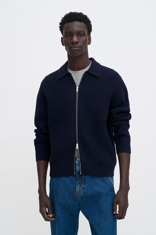 RIBBED WOOL ZIP CARDIGAN